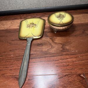 Vintage Vanity FOOTED GLASS Powder Cream Jar With Matching Hand Mirror